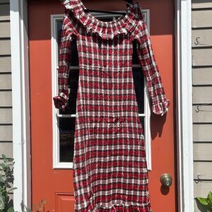 Doen Heirloom Rosabelle Silk Taffeta Red Plaid Long Sleeve Dress, L